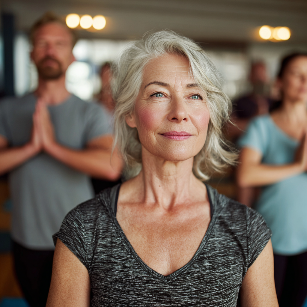 Experienced instructor guiding mature adults through gentle yoga poses in serene studio setting