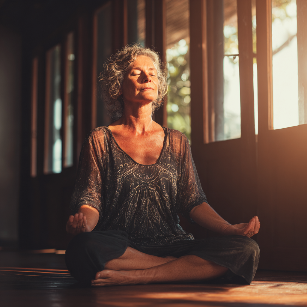 Peaceful middle-aged woman meditating in comfortable yoga position surrounded by natural light